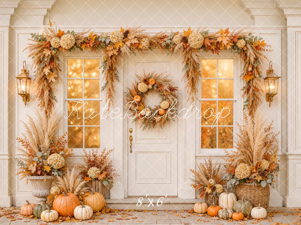 Kate Fall Front Door Floral Garland Wreath Pumpkins Window Printed Backdrop Designed by Emetselch