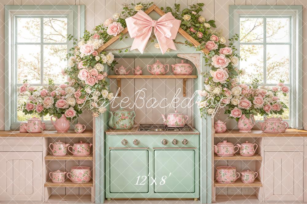 Kate Spring Flower Arch Vintage Kitchen Pastel Teapots Backdrop Designed by Emetselch