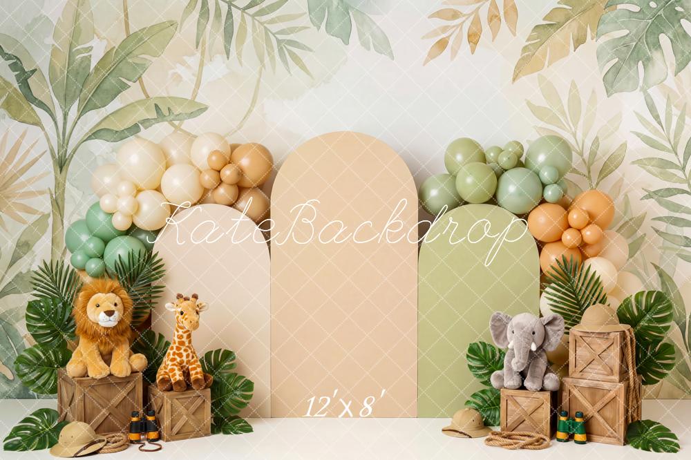 Kate Cake Smash Jungle Safari Animals Leaves Balloons Crates Printed Backdrop Designed by Patty Roberts