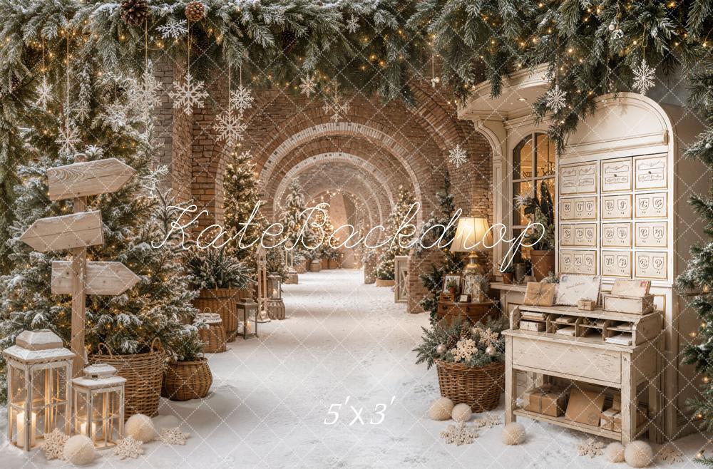Kate Christmas Snowy Archway Pine Trees Snowflake Lanterns Printed Backdrop Designed by Emetselch