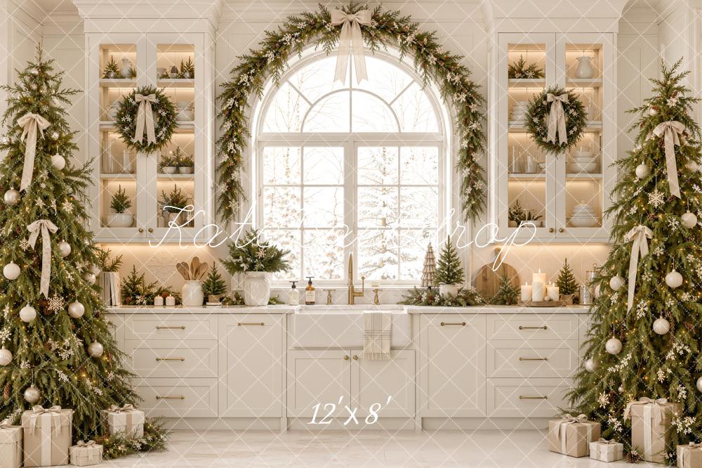 Kate Christmas White Kitchen Cabinet Window Trees Garland Printed Backdrop Designed by Emetselch