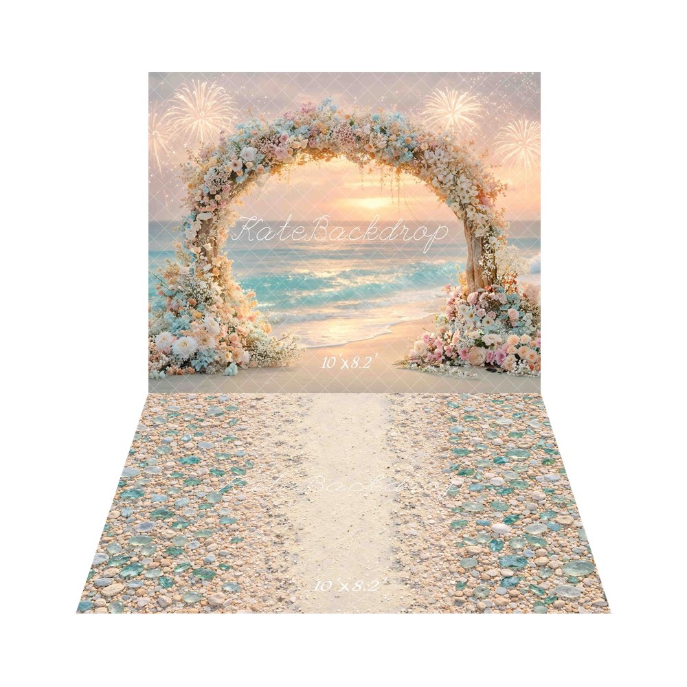 Kate Beach Sunset Flower Arch  Fireworks Printed Backdrop+Summer Sand Pebble Path Sea Glass Floor Printed Backdrop
