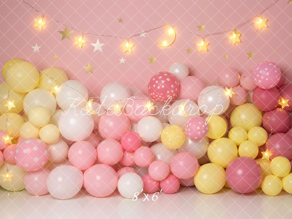 Kate Cake Smash Pink Balloon Wall With Star String Lights Printed Backdrop Designed by Emetselch