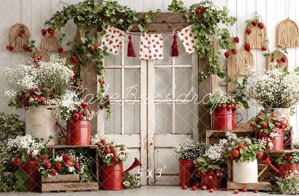 Kate Summer Strawberry Garland Rustic Window Watering Can Floral Crate Printed Backdrop Designed by Emetselch