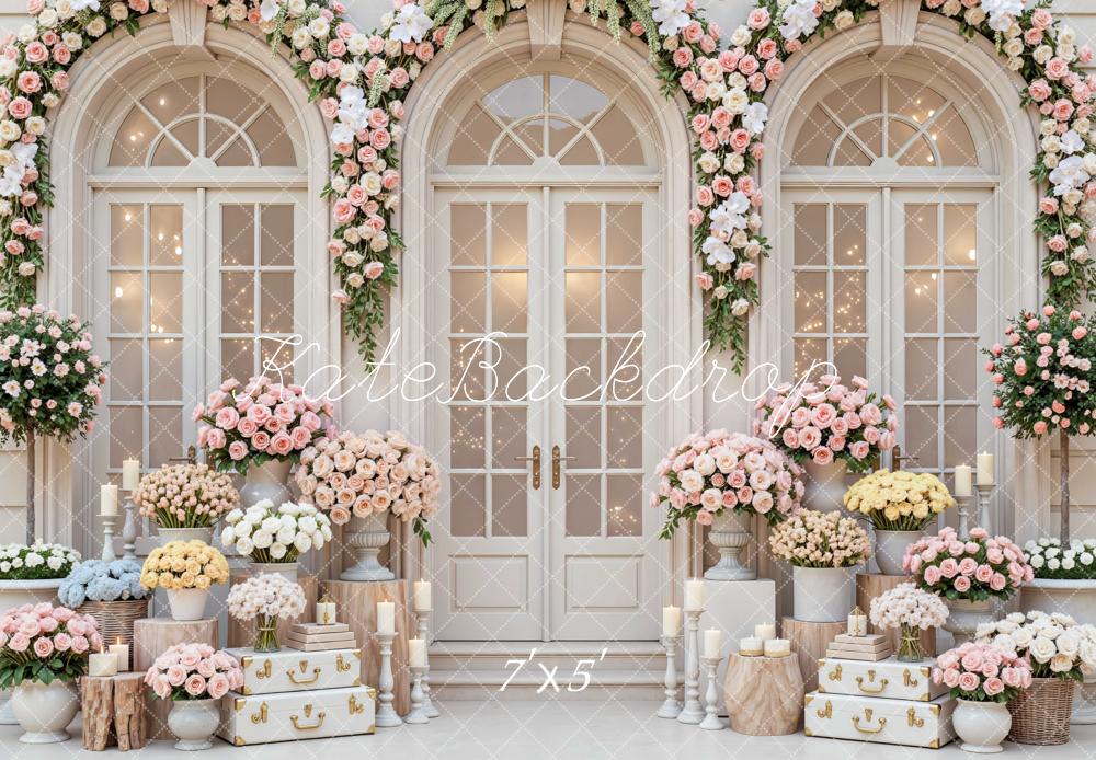Kate Spring Wedding Flower Arch French Doors Backdrop Designed by Mini MakeBelieve