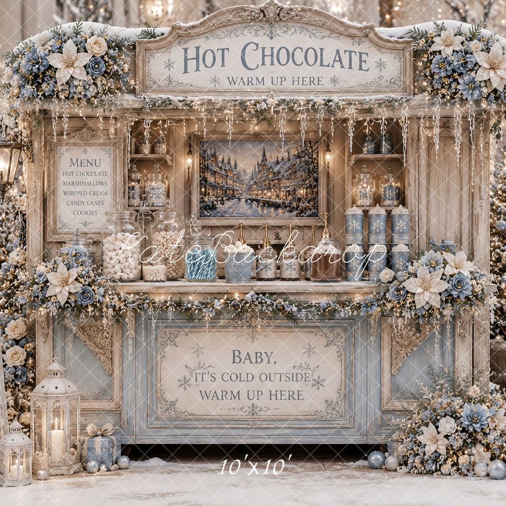 Kate Christmas Hot Chocolate Stand Snowy Floral Stand Blue Printed Backdrop Designed by Ashley Paul