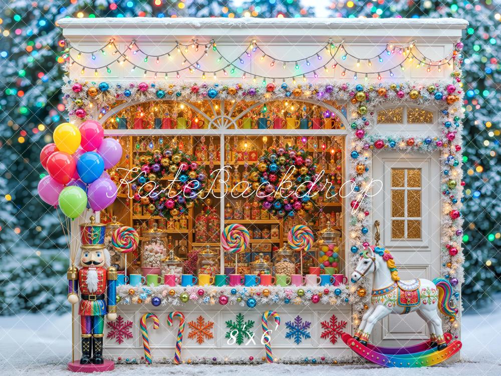 Kate Christmas Candy Shop Nutcracker Colorful Snowy Printed Backdrop Designed by Mini MakeBelieve