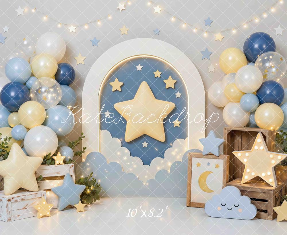 Kate Cake Smash Star Arch Balloons Clouds Blue Yellow Printed Backdrop Designed by Mini MakeBelieve