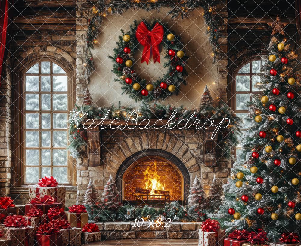 Kate Christmas Tree Stone Fireplace Window Wreath Backdrop Designed by Mini MakeBelieve