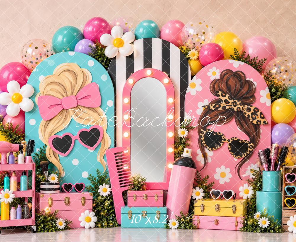 Kate Cake Smash Pink Retro Beauty Salon Vanity Mirror Printed Backdrop Designed by Laura Bybee