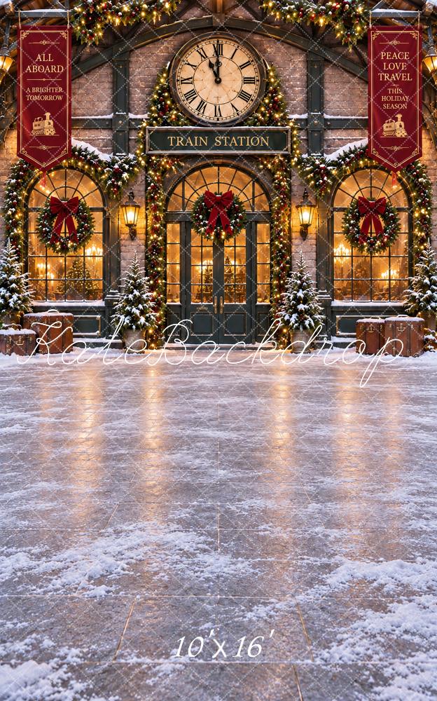 Kate Sweep Christmas Train Station Clock Floor Printed Backdrop Designed by Vertigo Productions