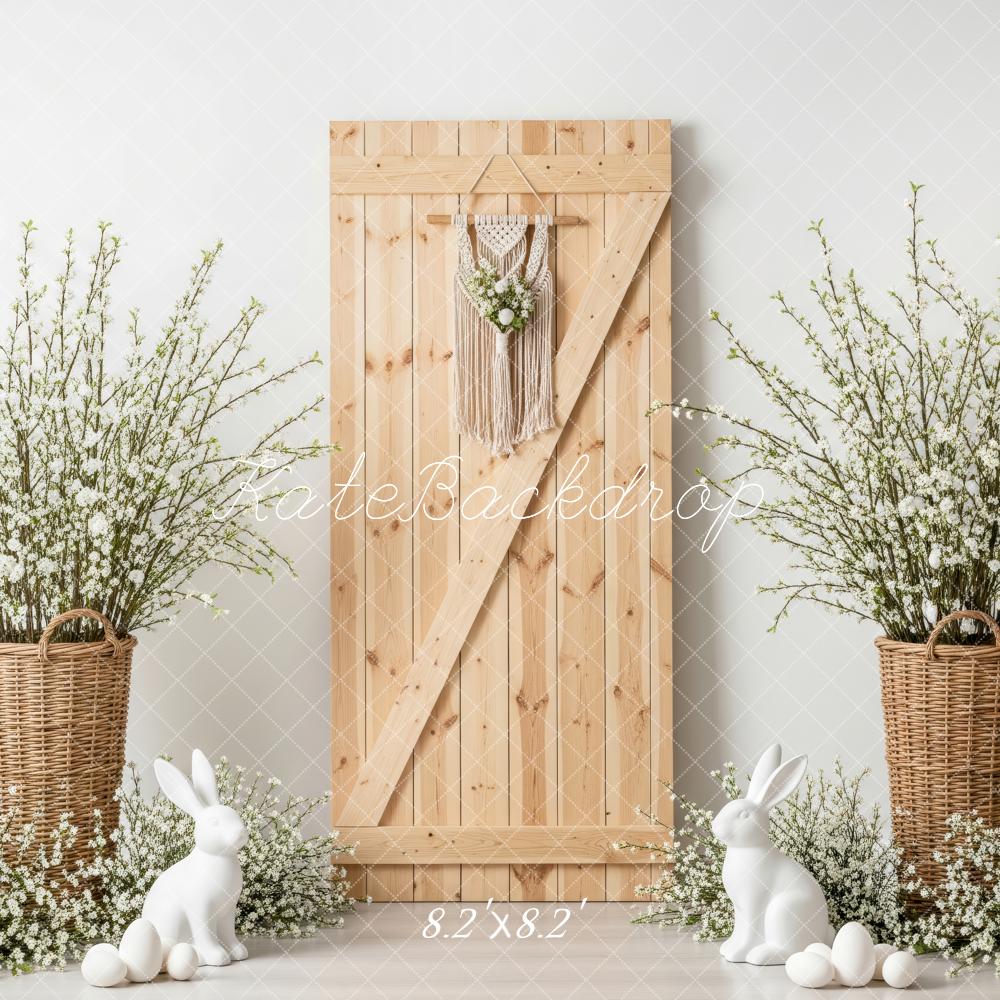 Kate Easter Bunny Wooden Door Wicker Baskets White Flowers Backdrop Designed by Patty Roberts