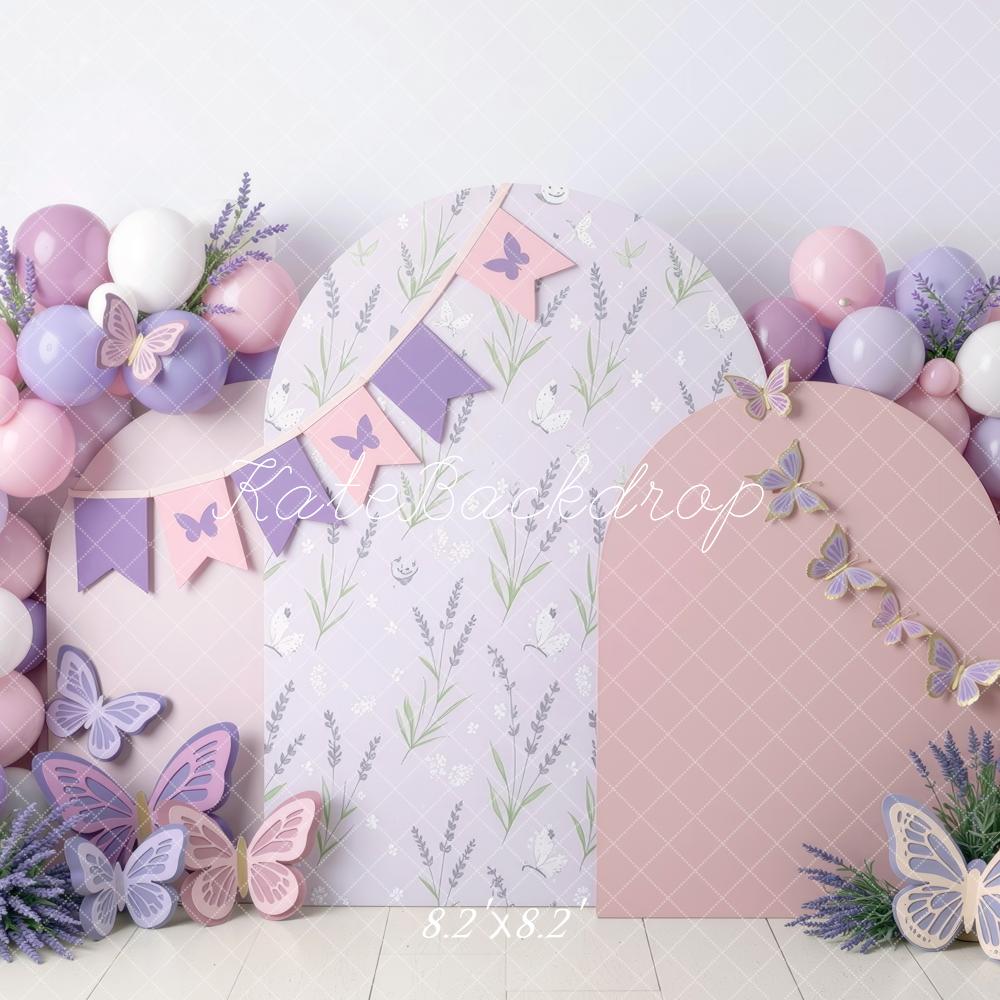 Kate Birthday Pastel Purple Balloon Arch Butterfly Lavender Panels Printed Backdrop Designed by Mini MakeBelieve