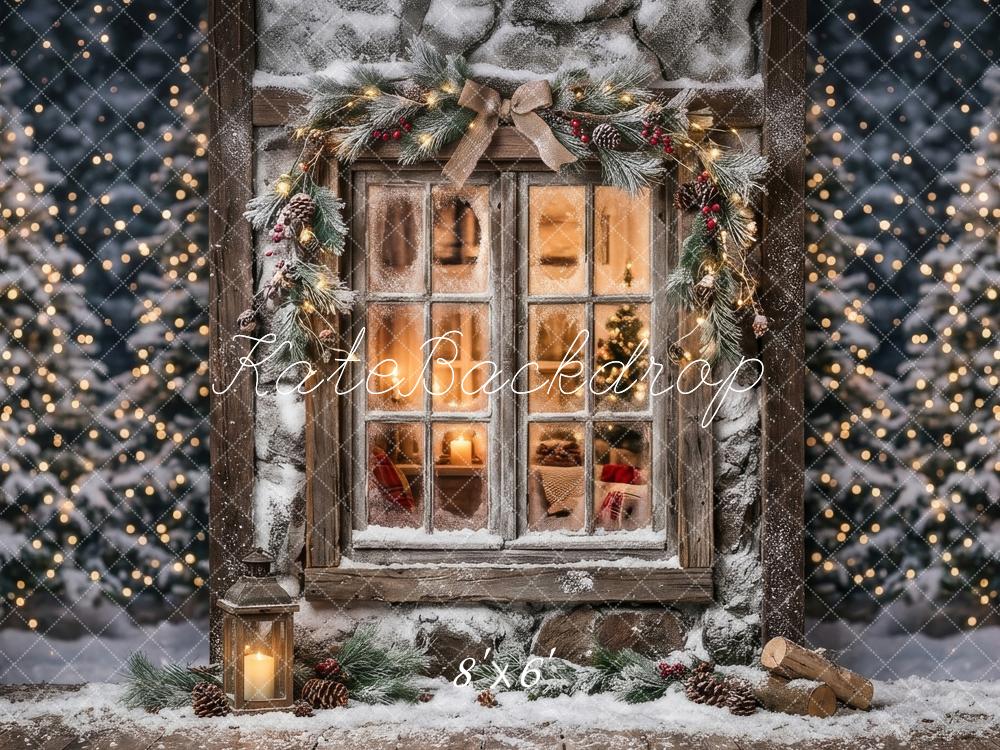 Kate Christmas Evening Snowy Window Garland Lantern Printed Backdrop Designed by Happy Squirrel Design