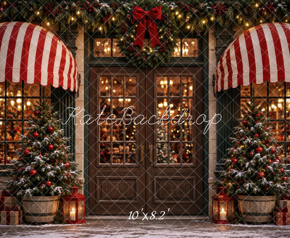 Kate Christmas Storefront Door With Striped Awnings Printed Backdrop Designed by Emetselch