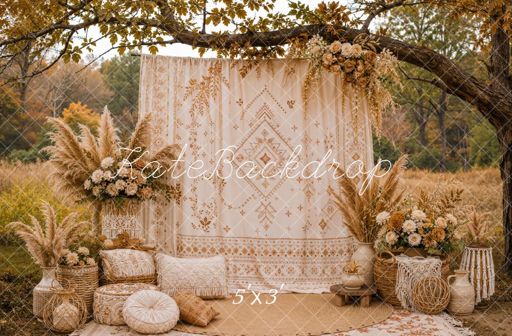 Kate Fall Boho Floral Pampas Grass Branch Arch Printed Backdrop Designed by Emetselch