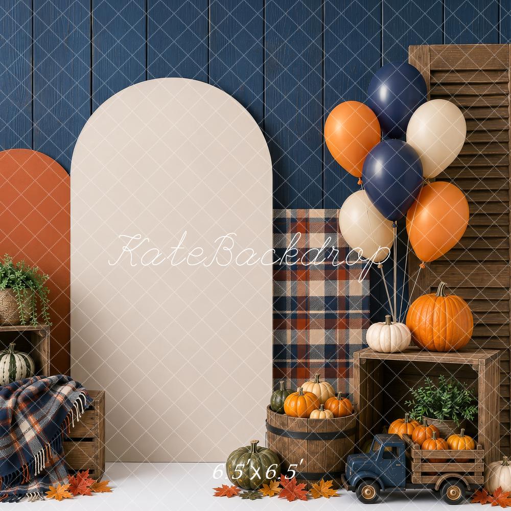 Kate Fall Cake Smash Blue Plaid Pumpkin Balloon Arch Truck Printed Backdrop Designed by Shutter Swan Studios