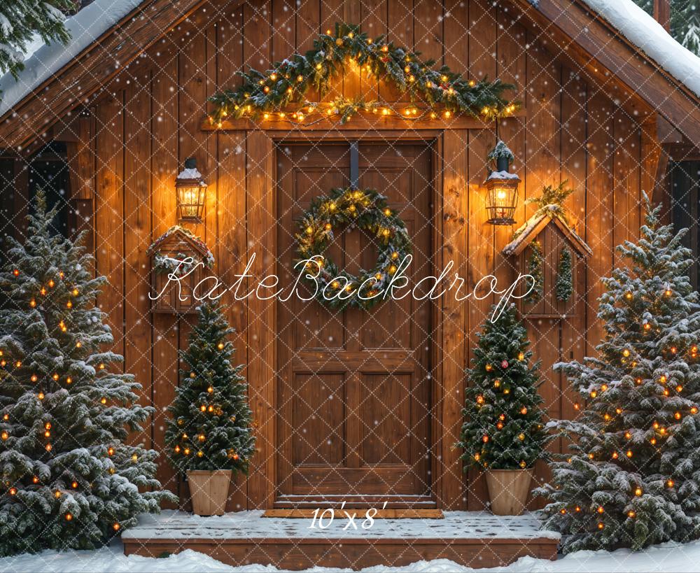 Fondo de Cabaña Navideña con Árboles Nevados
