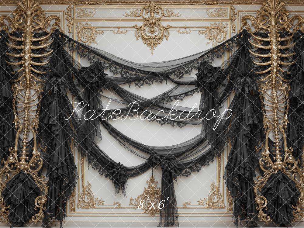 Kate Halloween Black Gothic Drapery Bone Wall Printed Backdrop Designed by Mini MakeBelieve