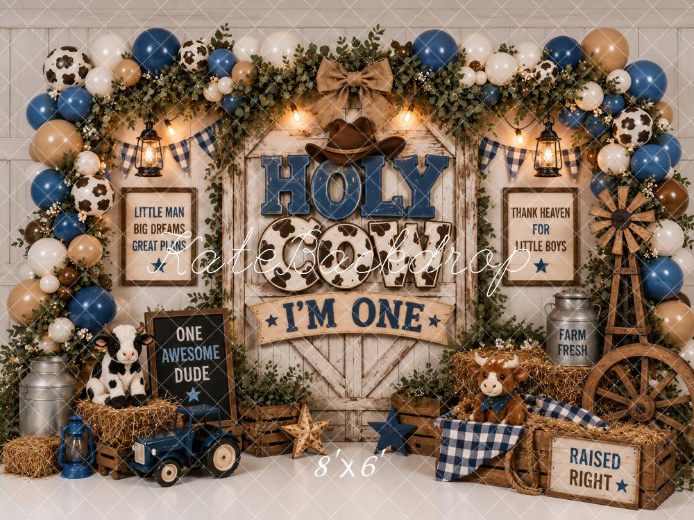 Kate Cake Smash Cowboy Farm First Birthday Balloons Blue Printed Backdrop Designed by Ashley Paul