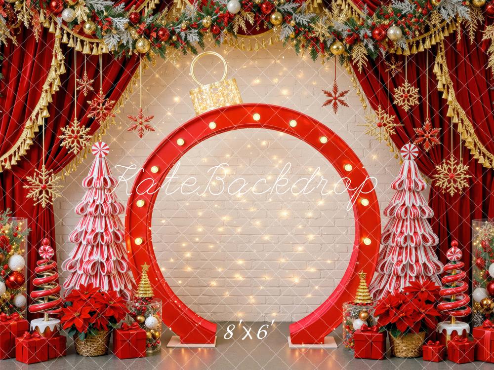 Kate Christmas Red Giant Ornament Candy Cane Trees Curtains Printed Backdrop Designed by Mini MakeBelieve