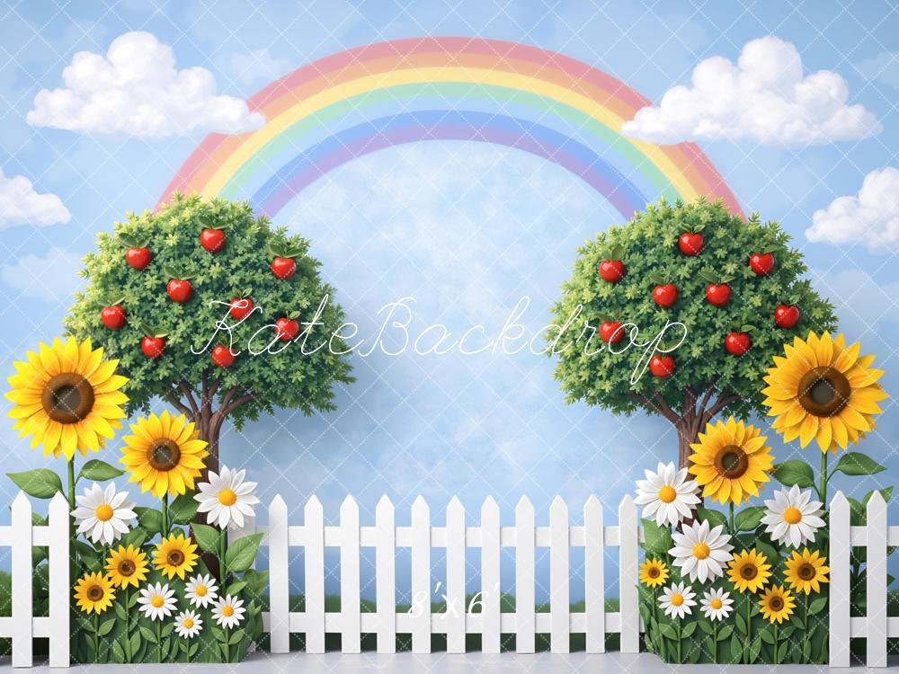 Kate Rainbow Apple Trees Sunflowers White Fence Printed Backdrop Designed by Mini MakeBelieve