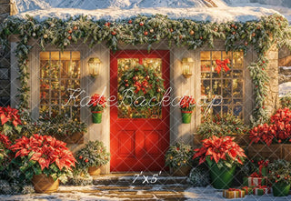 Kate Christmas Snowy House Poinsettia Printed Backdrop Designed by Emetselch