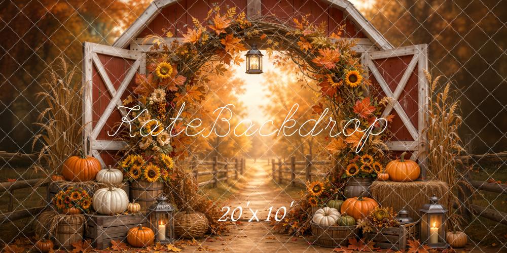 Kate Fall Barn Circle Floral Arch Pumpkin Pathway Printed Backdrop Designed by Emetselch