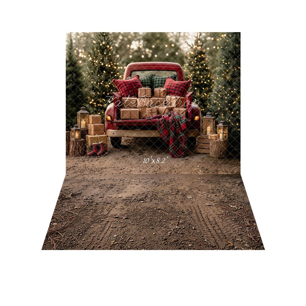 Kate Christmas Red Truck Presents Pine Trees Lanterns Plaid Blanket Printed Backdrop+Brown Dirt Gravel Tire Track Floor Printed Backdrop