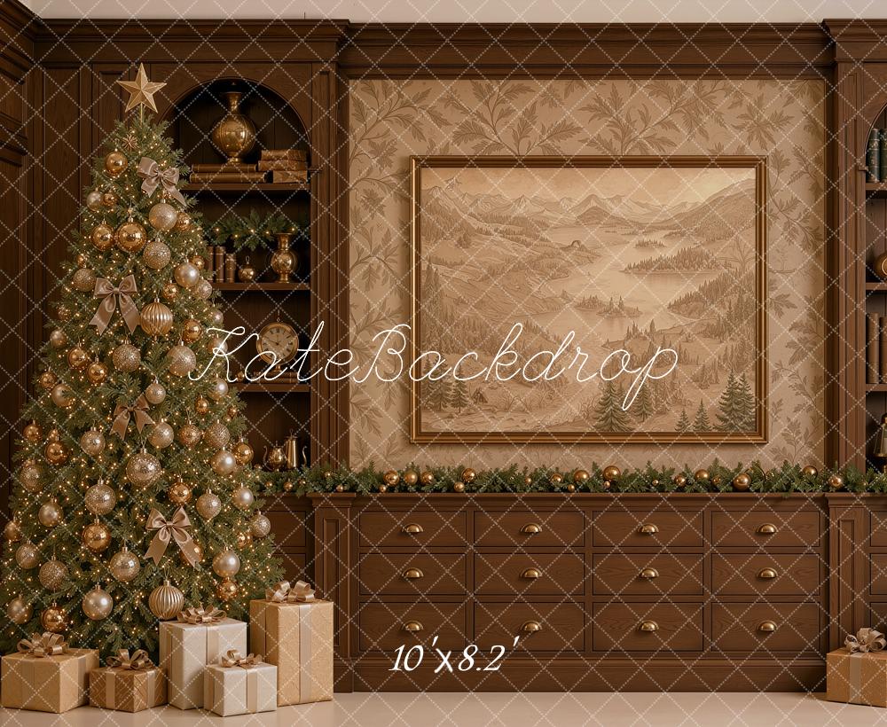 Kate Christmas Traditional Brown Library Cabinet Christmas Tree Printed Backdrop Designed by Shutter Swan Studios