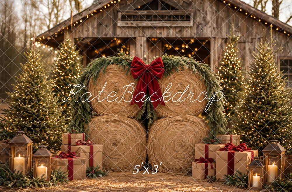 Kate Christmas Hay Bales Rustic Barn Pine Trees Gifts Printed Backdrop Designed by Emetselch