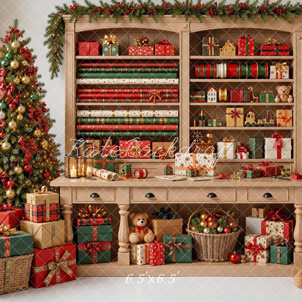 Kate Christmas Gift Wrapping Cabinet Presents Trees Printed Backdrop Designed by Shutter Swan Studios