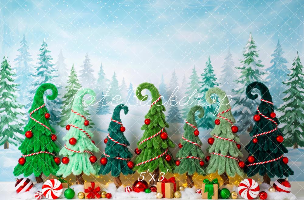 Kate Christmas Whimsical Trees Candy Gifts Snowy Forest Printed Backdrop Designed by Patty Roberts