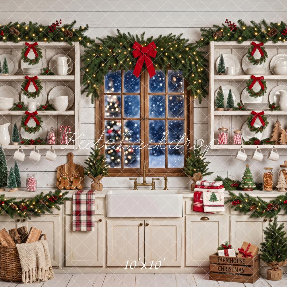 Kate Christmas Kitchen Farmhouse Window Garland White Printed Backdrop Designed by Patty Roberts