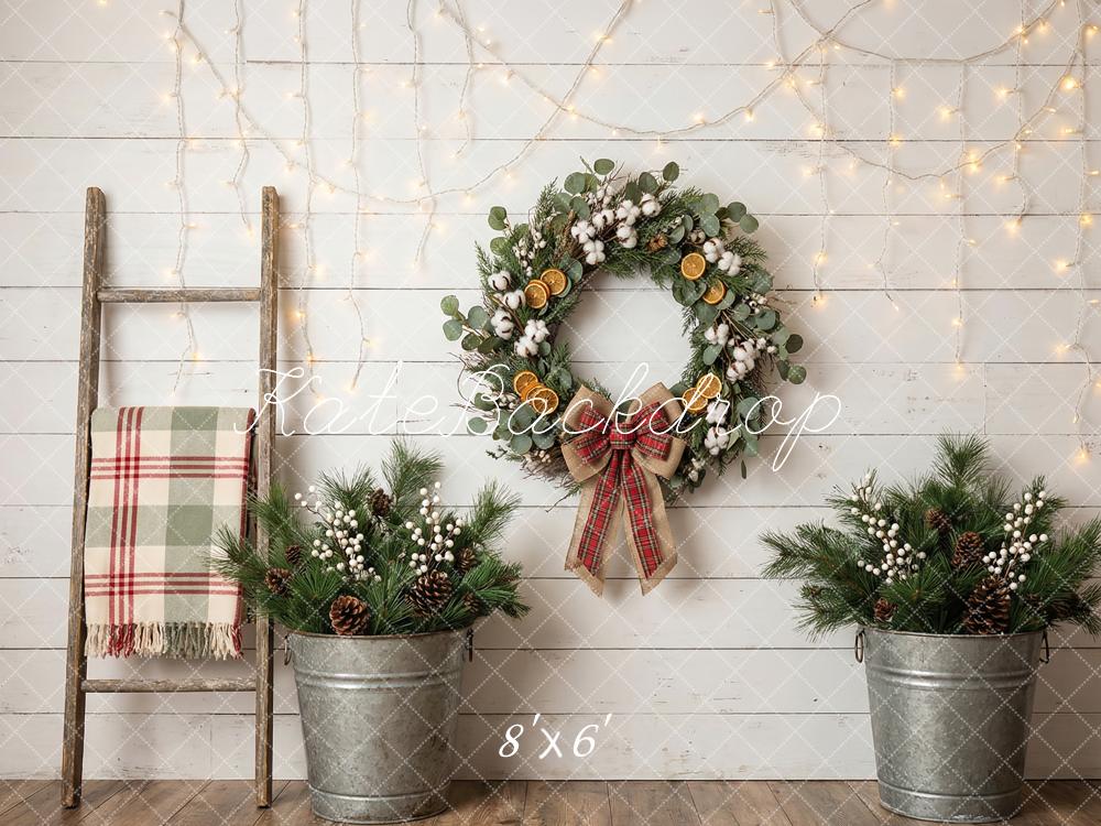 Kate Christmas Wreath Garland Pinecones Rustic Ladder Printed Backdrop Designed by Happy Squirrel Design