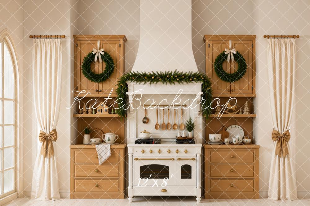 Kate Christmas Kitchen Garland Wreath Wood Cabinets Curtains Printed Backdrop Designed by Emetselch