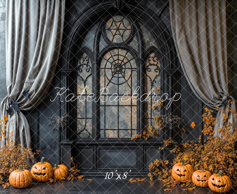 Kate Halloween Gothic Window Pumpkins Cobwebs Curtains Backdrop Designed by Emetselch