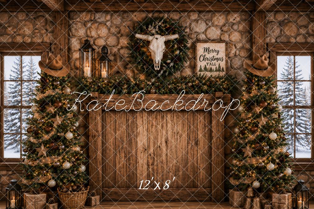 Kate Christmas Headboard Western Cow Skull Christmas Trees Stone Wall Printed Backdrop Designed by Ashley Paul