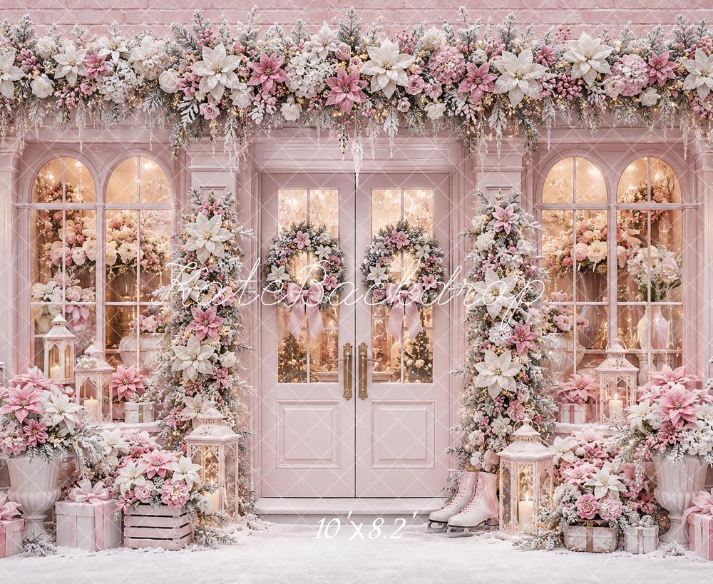 Kate Christmas Pink Snowy Floral Front Door Printed Backdrop Designed by Ashley Paul