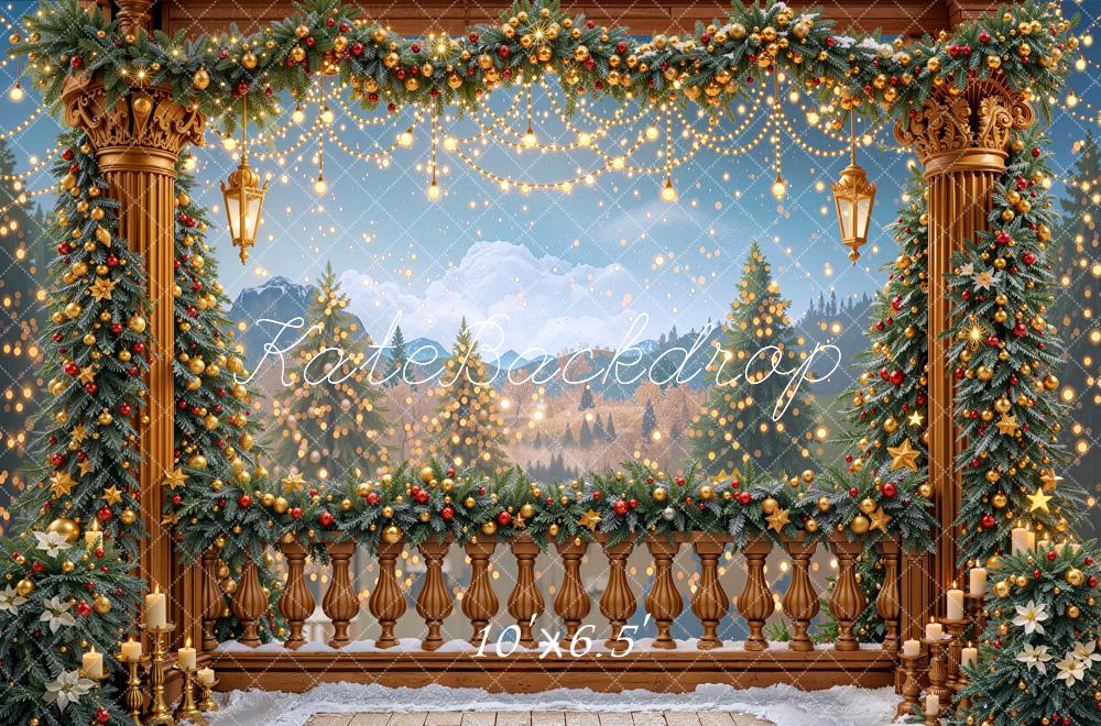 Kate Christmas Garland Columns Mountain Balcony String Lights Printed Backdrop Designed by Mini MakeBelieve