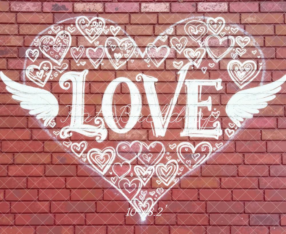 Kate Valentines Love Heart Wings Graffiti Brick Wall Backdrop Designed by Mini MakeBelieve