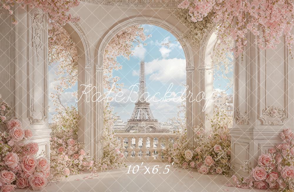 Kate Spring Floral Balcony Eiffel Tower View Backdrop Designed by Chain Photography