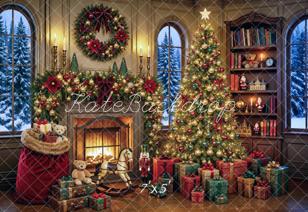 Kate Christmas Fireplace Tree Bookshelf Gifts Printed Backdrop Designed by Mini MakeBelieve