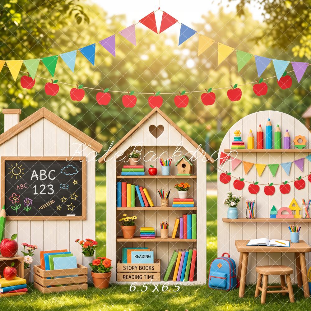 Kate Back To School Schoolyard Classroom Books Apples Printed Backdrop Designed by Patty Roberts