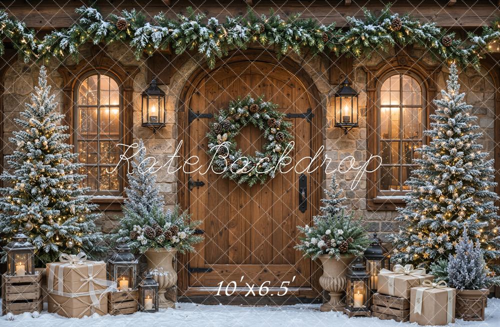 Kate Christmas Trees Rustic Cabin Wood Door Garland Snowy Printed Backdrop Designed by Emetselch