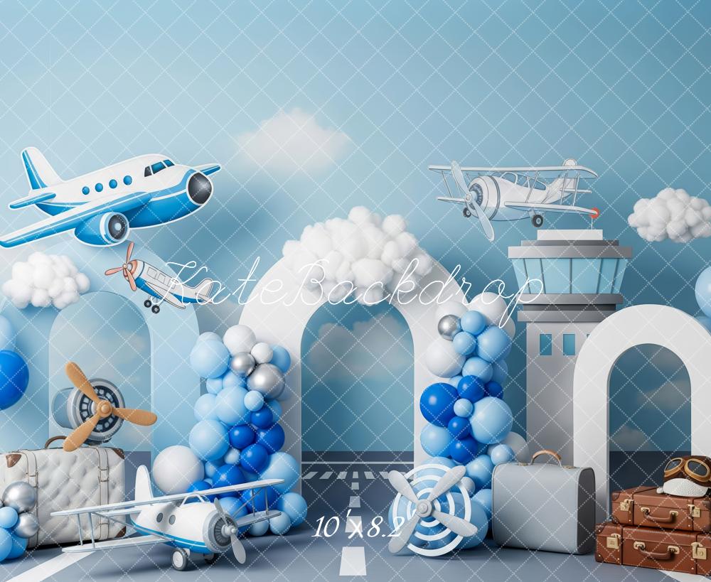 Kate Cake Smash Airplane Balloon Clouds Runway Luggage Backdrop Designed by Patty Roberts