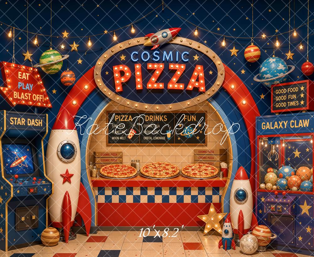 Kate Space Pizza Shop Arcade Rockets Planets Claw Machine Printed Backdrop Designed by Chain Photography