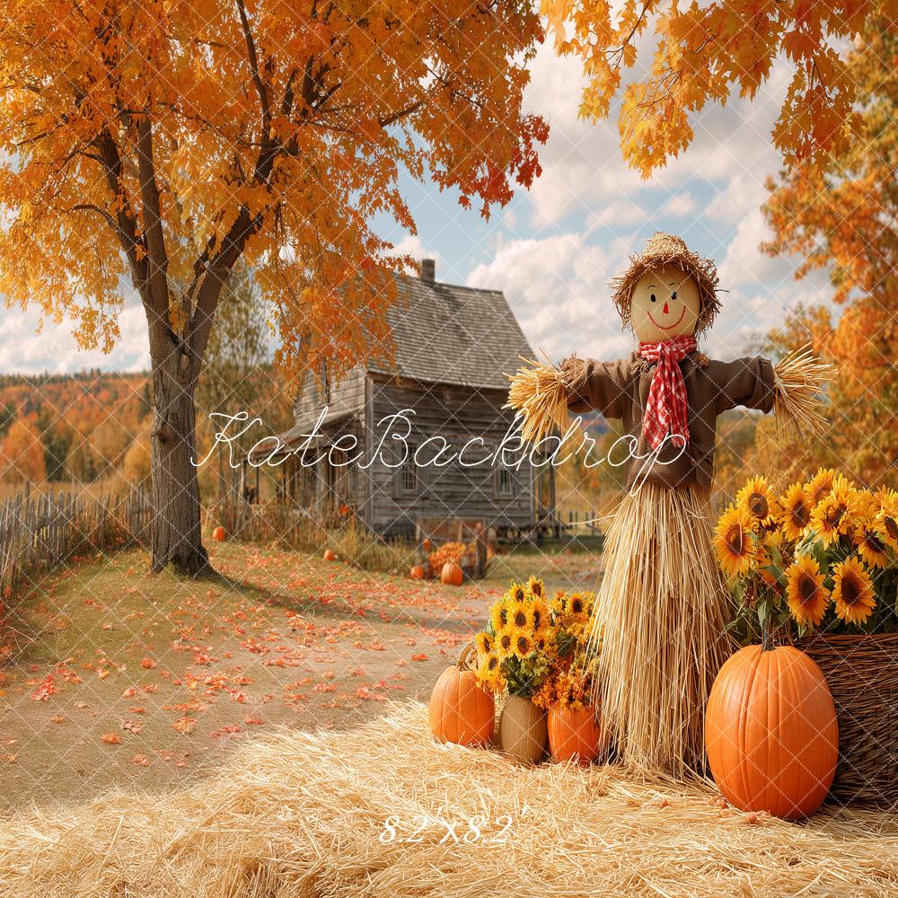 Kate Fall Country Scarecrow Pumpkins Sunflowers Farmhouse Printed Backdrop Designed by Angela Miller