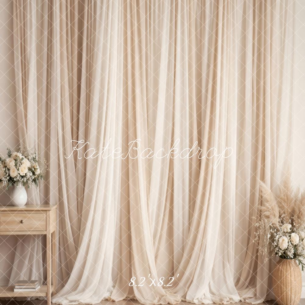 Kate Boho Beige Curtains Table Floral Arrangements Printed Backdrop Designed by Vertigo Productions