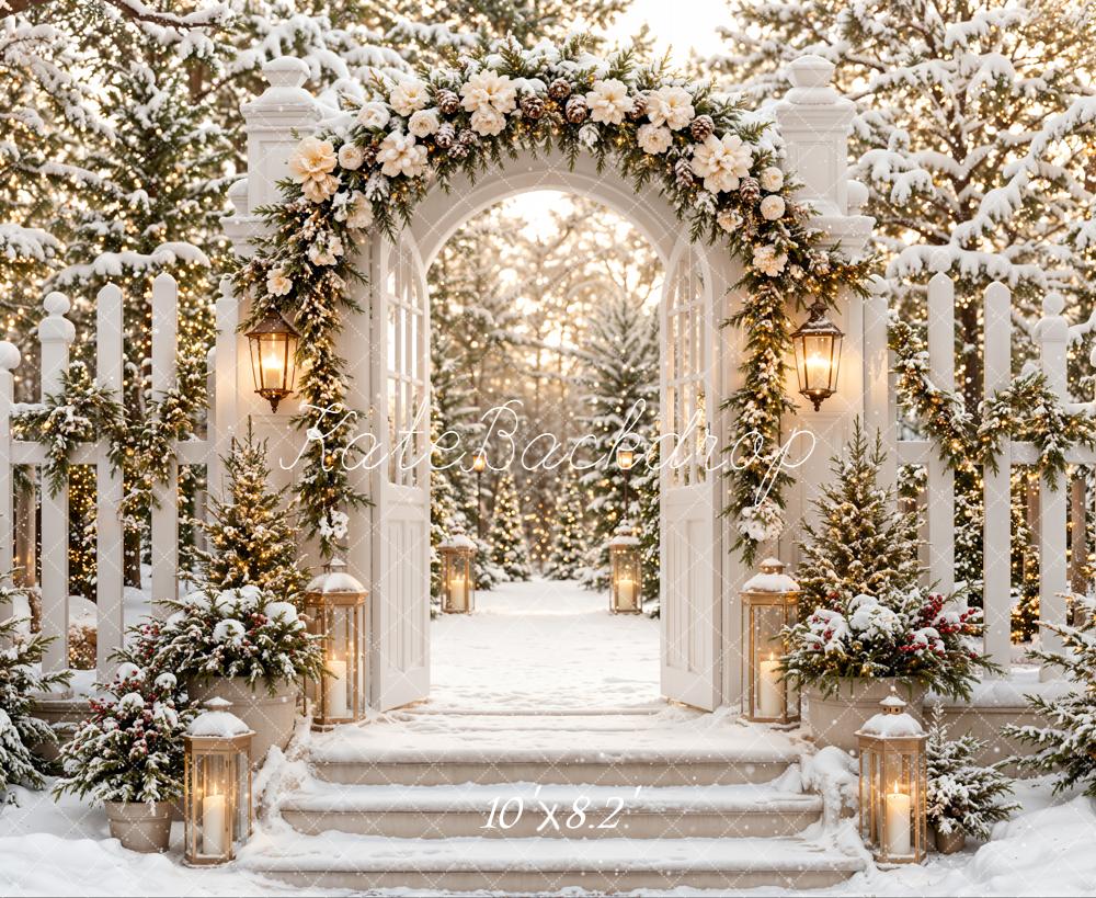 Kate Christmas Winter Flower Arch Gate Snowy Stairs Garden Fence Printed Backdrop Designed by Emetselch